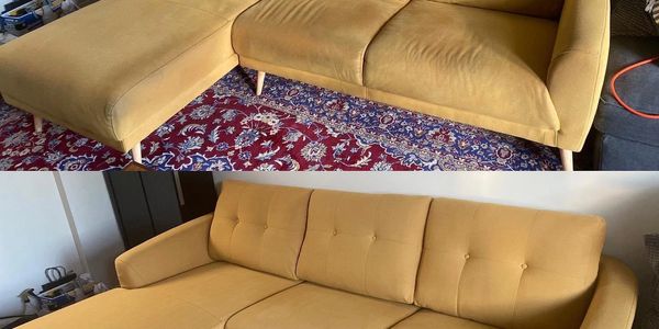 Before and after cleaning a yellow sectional sofa on a patterned rug.