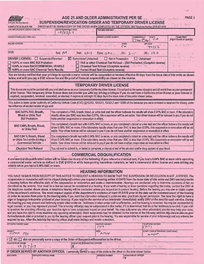 The DMV Age 21 and Older Administrative Per Se Suspension/Revocation Order and Temporary License.