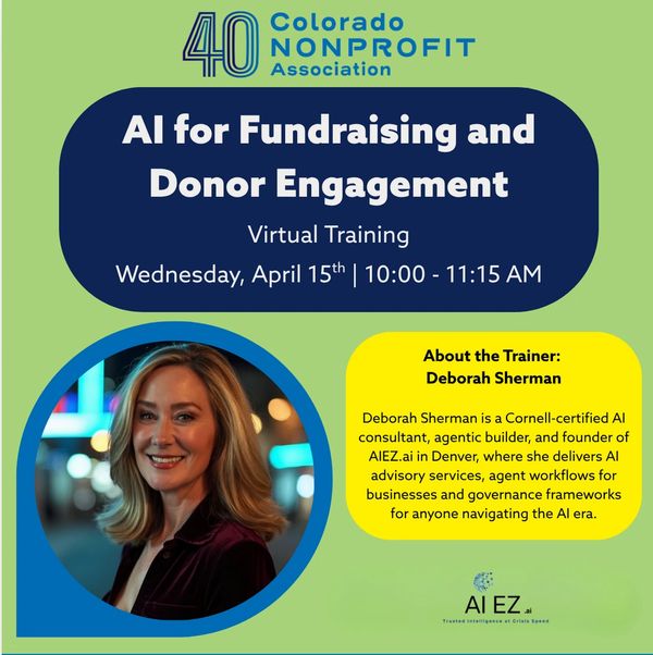 Virtual training on AI for fundraising and donor engagement by Deborah Sherman.