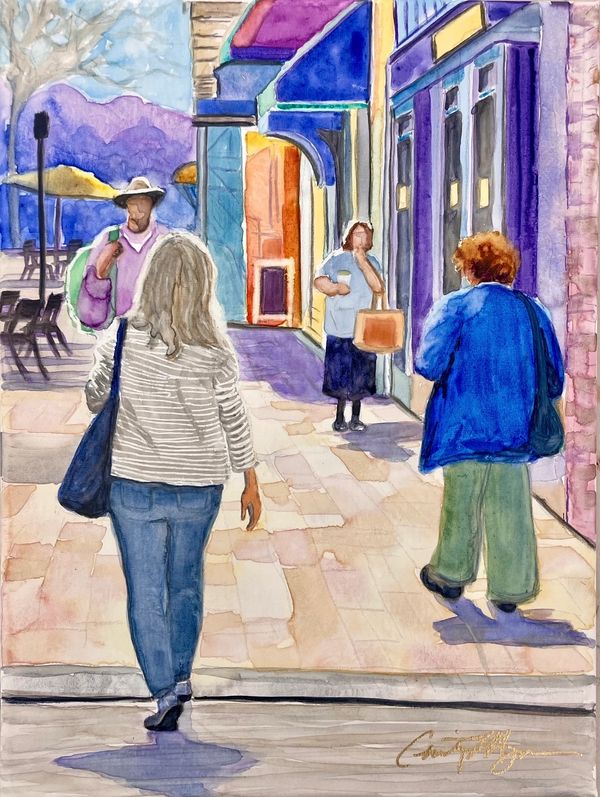Watercolor painting of four people walking and standing on a colorful urban street.