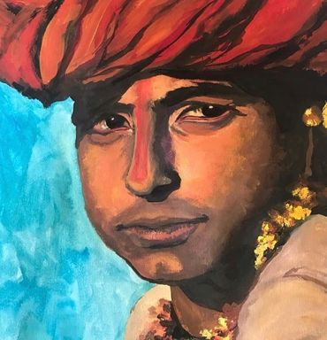 gouache portrait of man in red turban, by Christy Hayes (instructor)