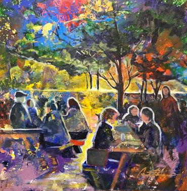 group of people at tables (cafe), under trees, in sunlight