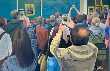 Group of tourists taking photos of Mona Lisa at the Louvre