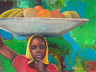 Acrylic painting of girl with fruit bowl, by Christy Hayes (instructor)