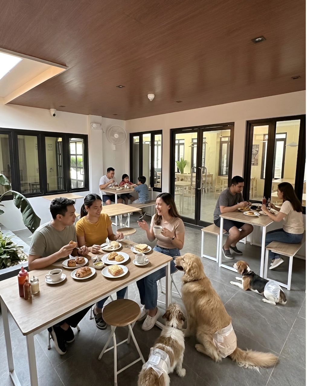 People and dogs dining together in a cozy café setting.