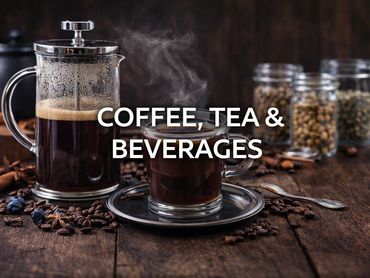 Steaming coffee in a French press and cup surrounded by coffee beans and spices.