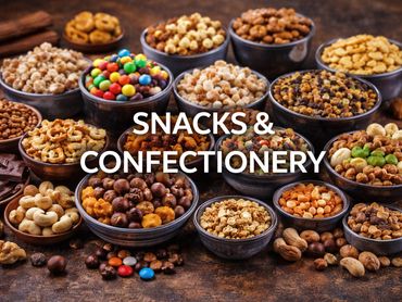 Assortment of snacks and confectionery in bowls on a rustic surface.