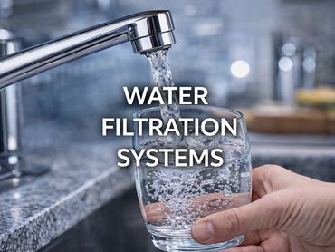 Water pouring from faucet into a glass with text about water filtration systems.