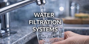Water pouring from faucet into a glass with text about water filtration systems.