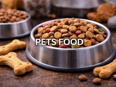 A metal bowl filled with dry pet food and bone-shaped treats.