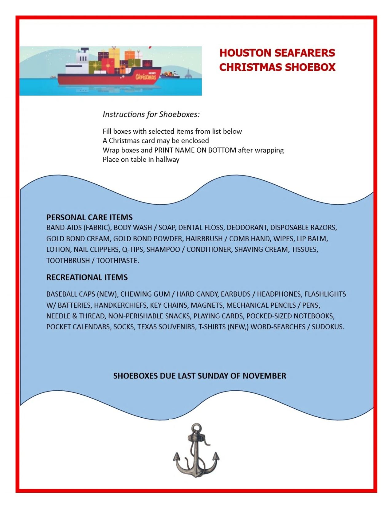 Houston Seafarers Christmas Shoebox instructions and item list.
