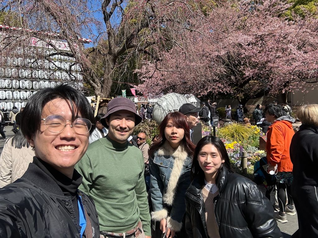 Four friends enjoy a sunny day under blooming cherry blossoms in a lively park.