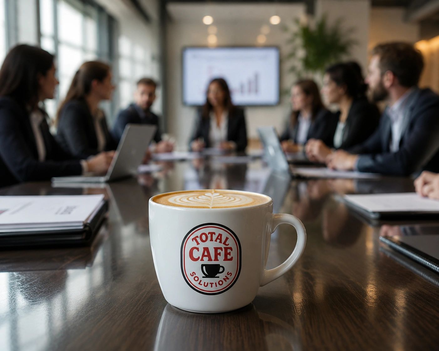 A coffee cup with Total Cafe Solutions logo in focus during a business meeting.