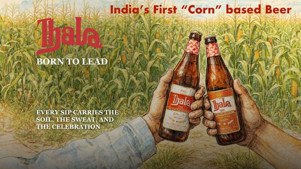 Two hands holding Thala corn-based beer bottles in a cornfield.