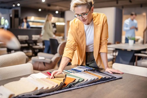 Woman examining fabric swatches in a modern design studio.
