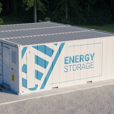 A white energy storage container outdoors.