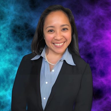 Smiling woman in professional attire with vibrant blue and purple smoky background.