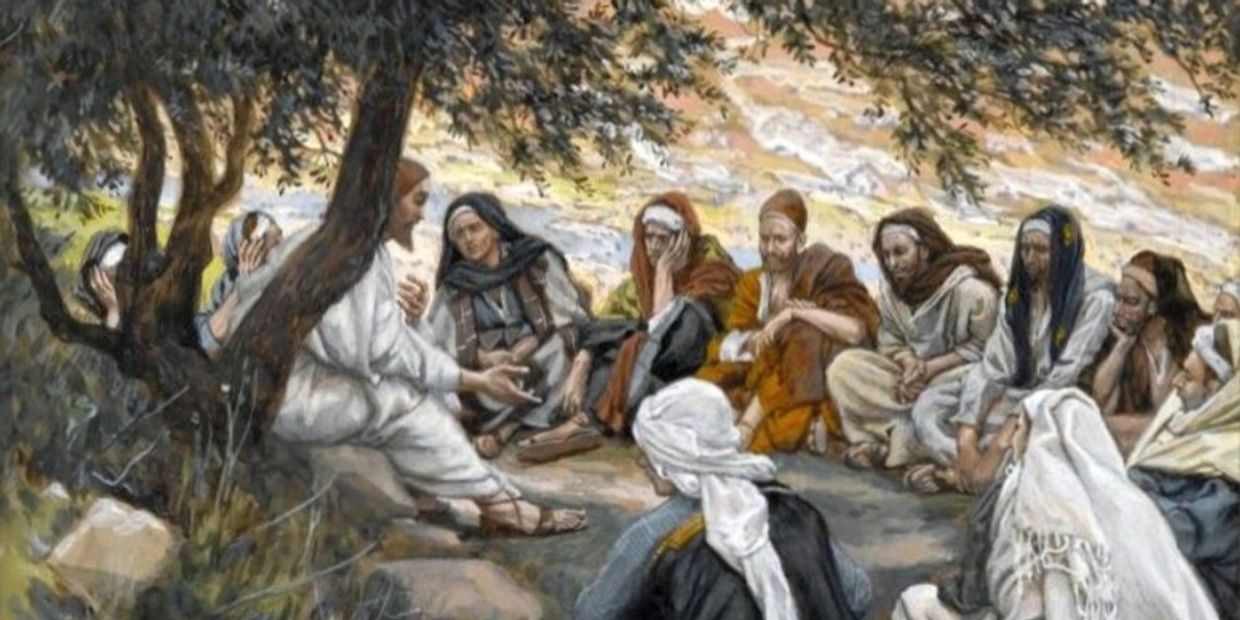 Jesus teaching disciples under a tree in a biblical scene.