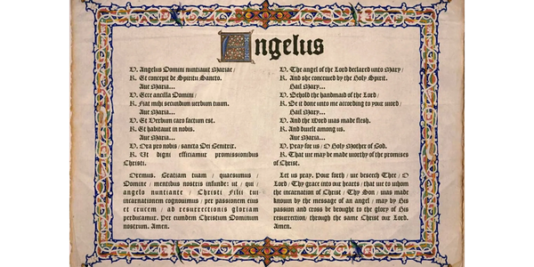 Decorative illuminated manuscript page featuring the Angelus prayer in Latin and English.