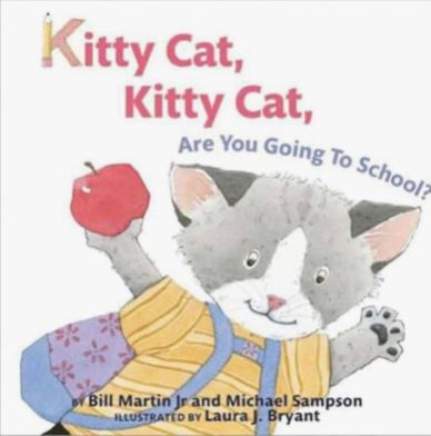 Illustrated book cover featuring a school-bound cat holding an apple.