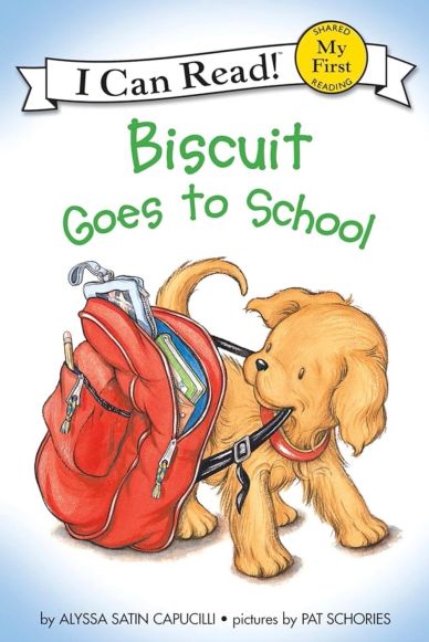 Cover of "Biscuit Goes to School" children's book featuring a puppy with a backpack.