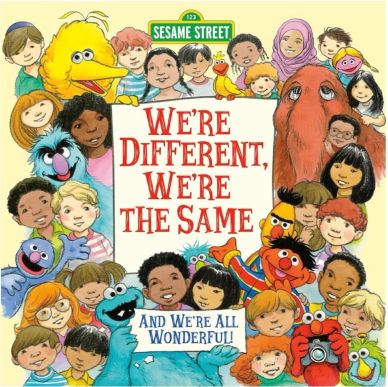 Colorful Sesame Street characters and children celebrate diversity and unity.