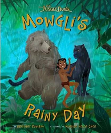 Cover of 'Mowgli's Rainy Day' featuring Mowgli, Baloo, and Bagheera in the jungle rain.