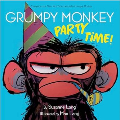 Cover of 'Grumpy Monkey Party Time!' featuring a grumpy monkey with a party hat and noisemaker.