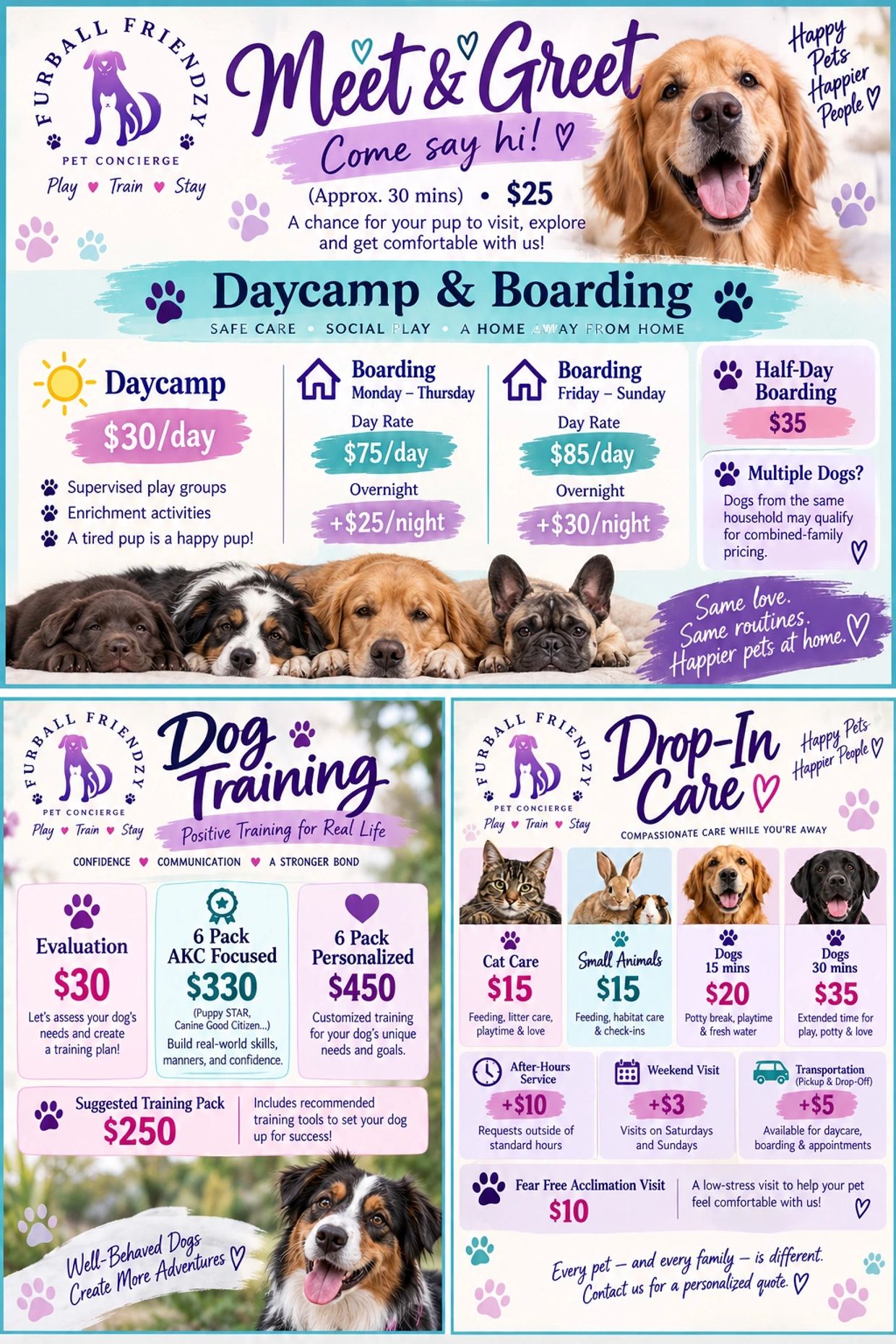 Pet care services including daycare, boarding, training, and drop-in care with pricing.