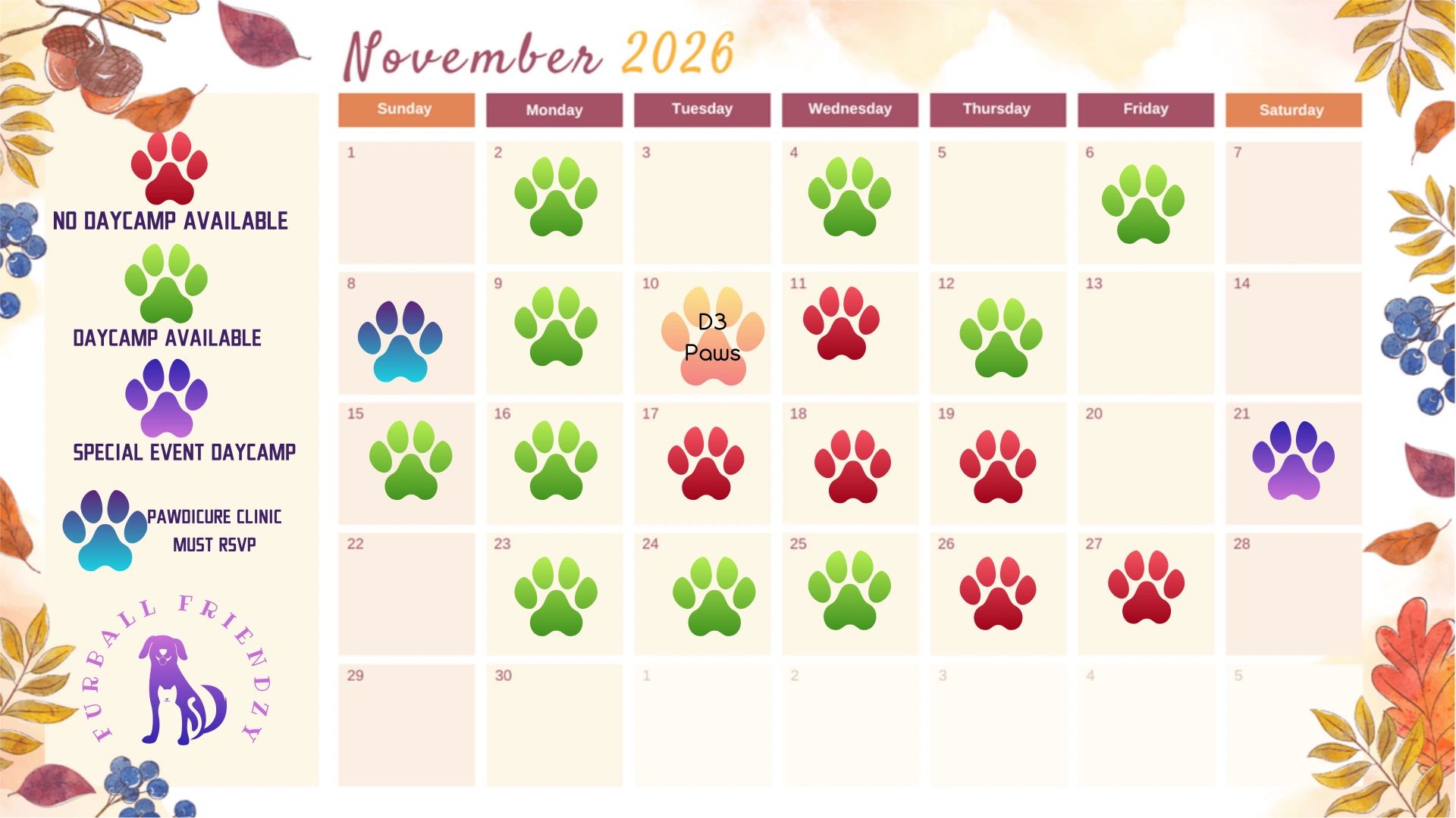 November 2026 daycamp schedule with colored paw prints for different events.