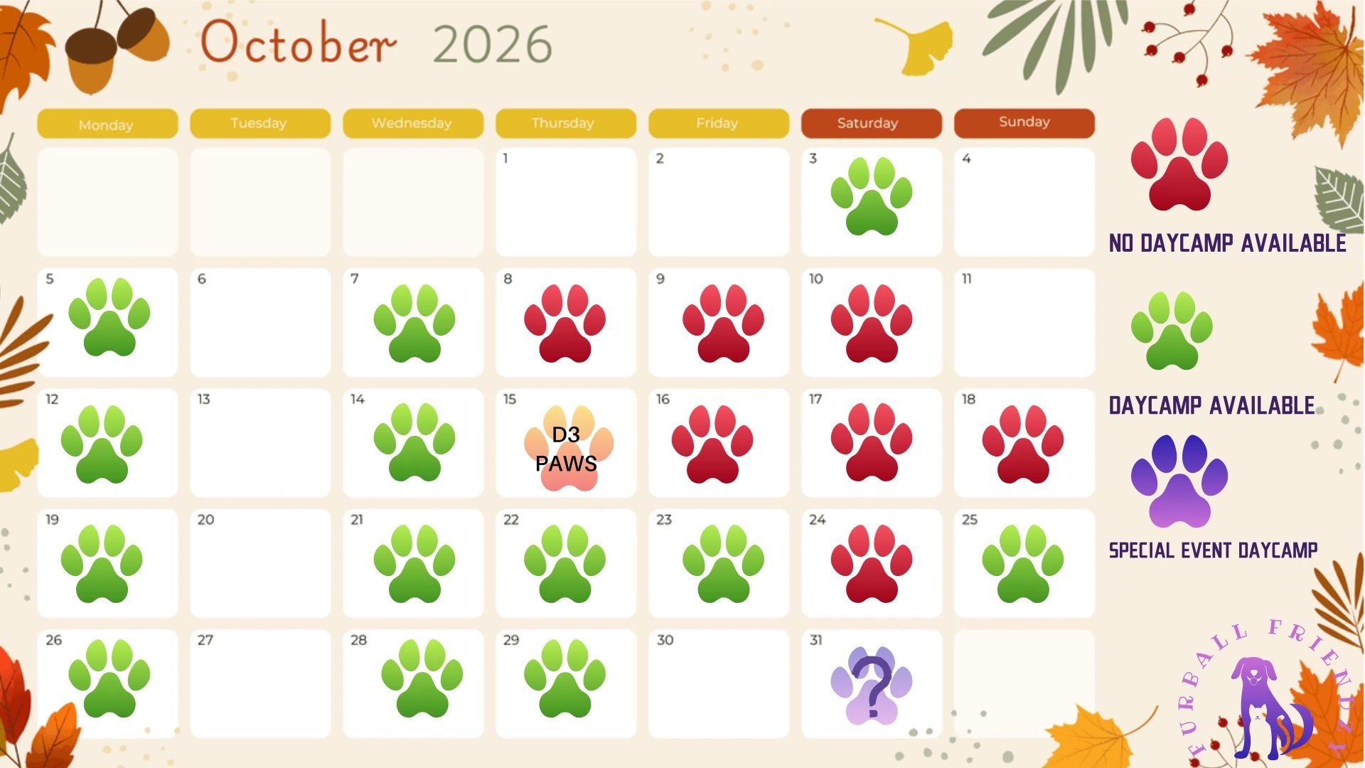 October 2026 calendar with daycamp availability marked by colored paw prints.