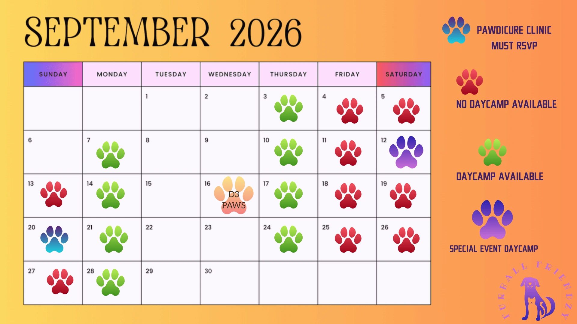 September 2026 calendar with paw icons for pet daycamp and clinic events.