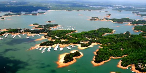 Aerial shot of Lake Lanier in Buford, GA.