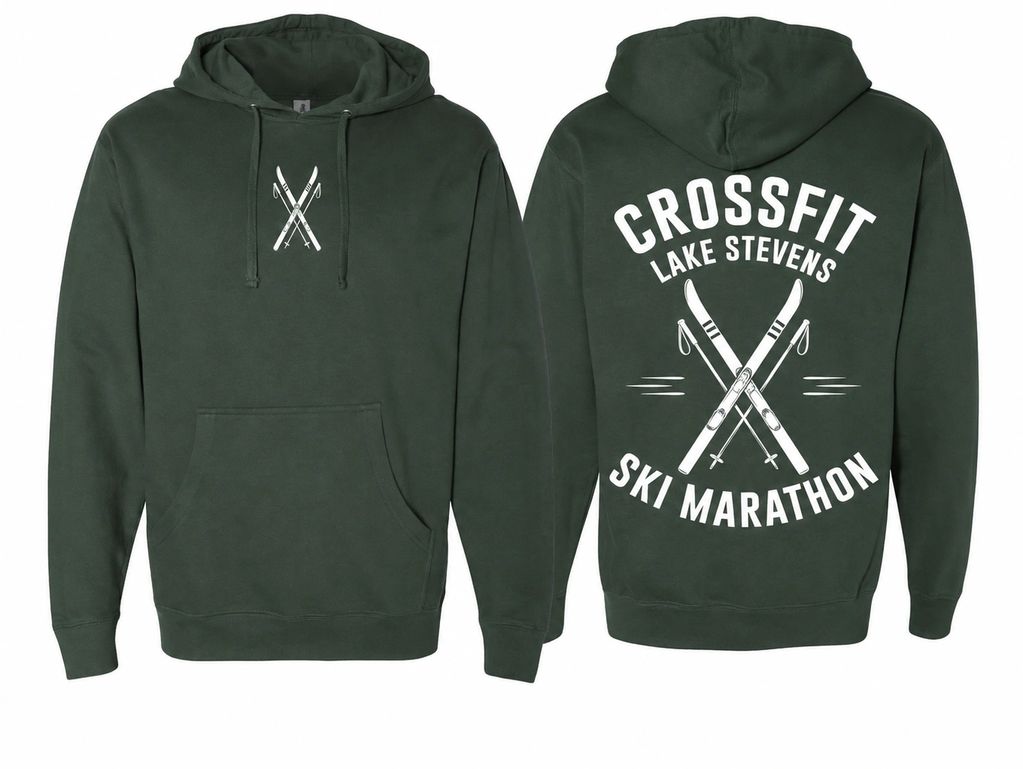 Green hoodie with crossed skis design and CrossFit Lake Stevens Ski Marathon text.