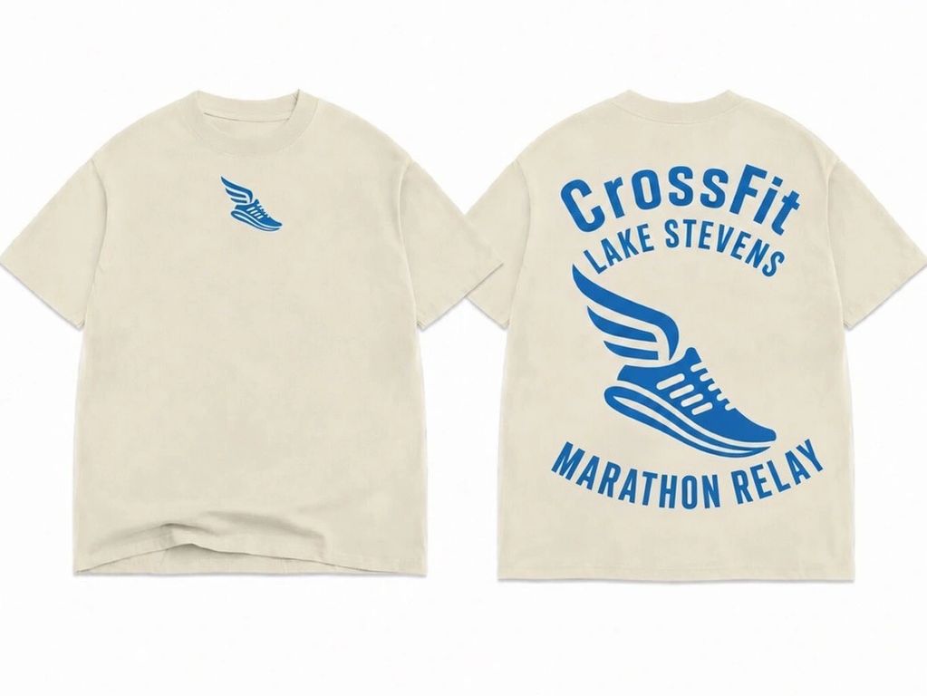 Beige T-shirt with blue running shoe logo and CrossFit Lake Stevens Marathon Relay text.