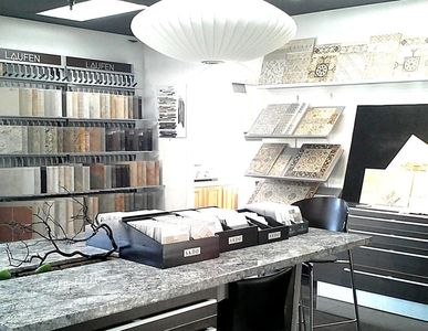 Tile and granite slabs displays in Sparks, Nevada showroom.