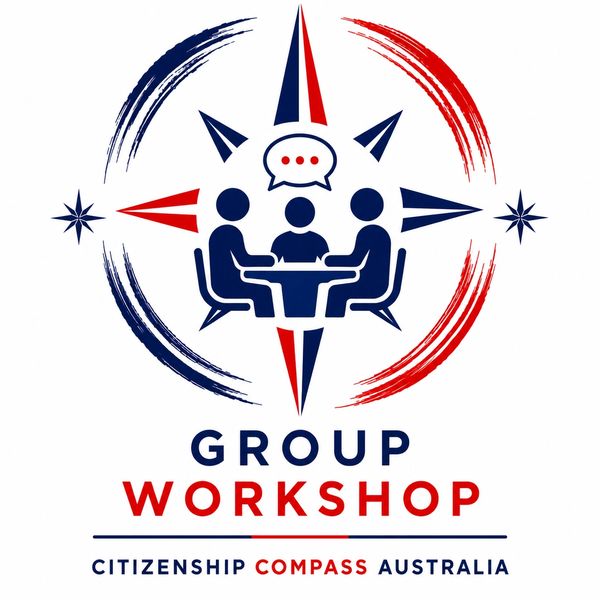 Logo of a group workshop with a compass design, symbolizing Citizenship Compass Australia.