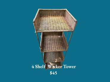 Four-shelf wicker tower priced at $45, ideal for storage.