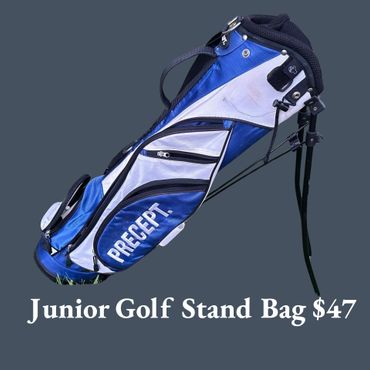 Blue and white junior golf stand bag priced at $47.