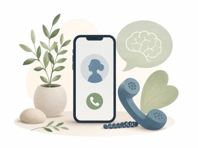Illustration eines Telefons mit Pflanzen und Gehirn-Sprechblase.