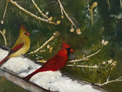 Winter's Couple is an Acrylic painting of two cardinals on a snowy fence near the pine forrest