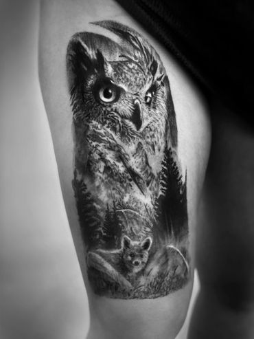 Hyper Realistic Barn Owl and Fox Tattoo done by Ven in Syracuse New York 