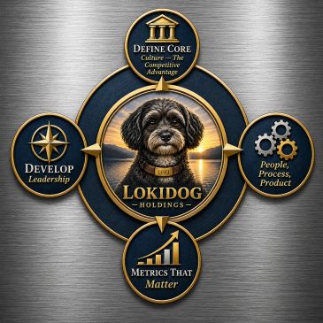Logo with a dog and business growth elements.