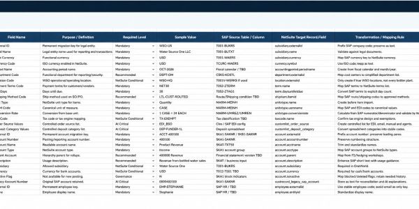 Spreadsheet listing field names, purposes, required levels, and mappings for migration.