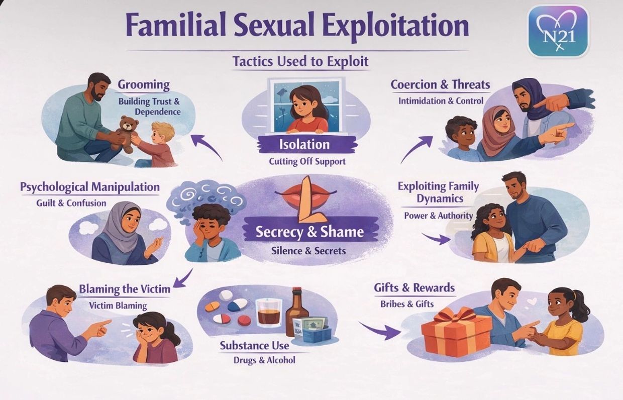 Illustrated infographic showing tactics of familial sexual exploitation like grooming, coercion, and secrecy.