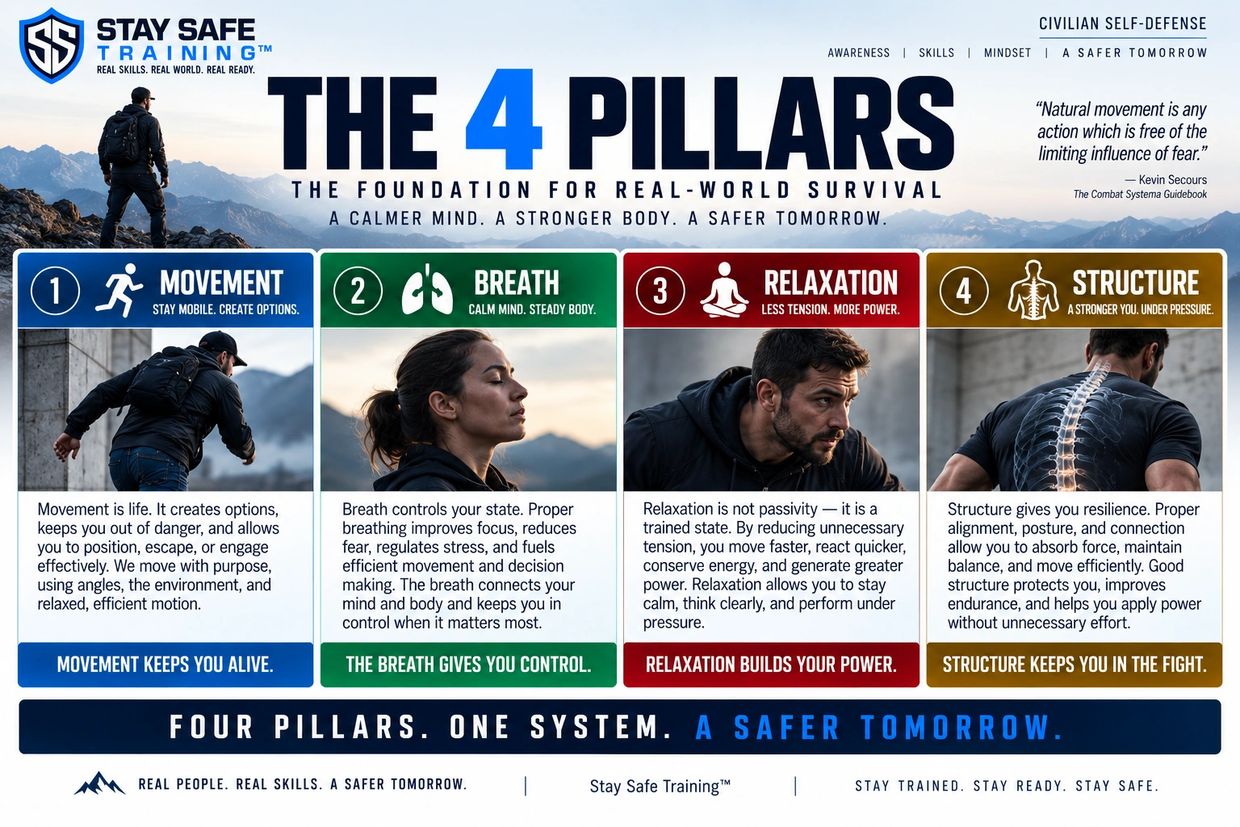 Infographic showing the 4 pillars of real-world survival: Movement, Breath, Relaxation, Structure.