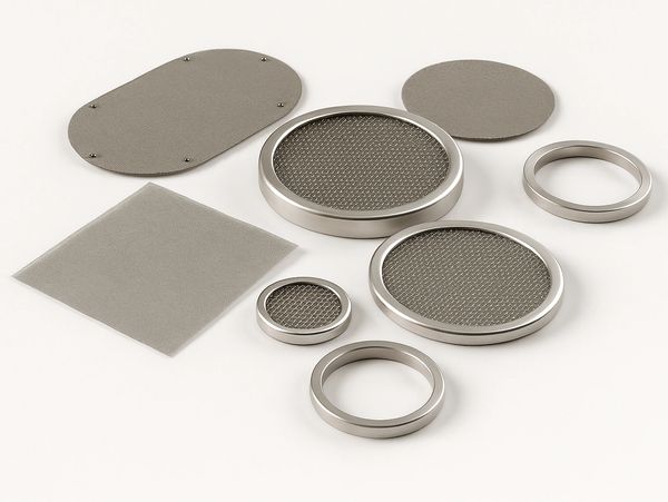 Various stainless steel wire mesh filters and frames on a white background.