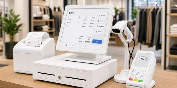 Modern retail point-of-sale system with touchscreen, receipt printer, scanner, and card reader.
