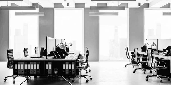 Modern office space with sleek chairs and desks arranged neatly by large windows.