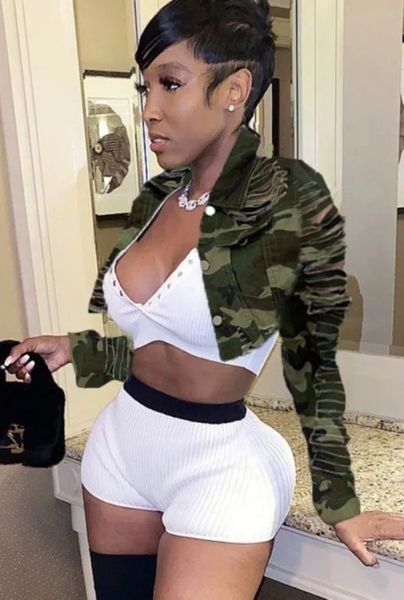 Fall Trendy Green Camou Button Up Ridded Hollow Out Crop Jacket